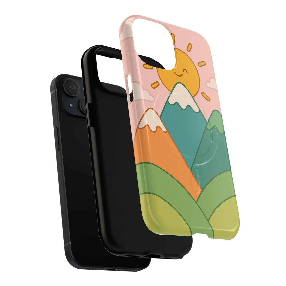 Mountain sunrise MagSafe case exploded phone, liner and shell assembly #iphone-15