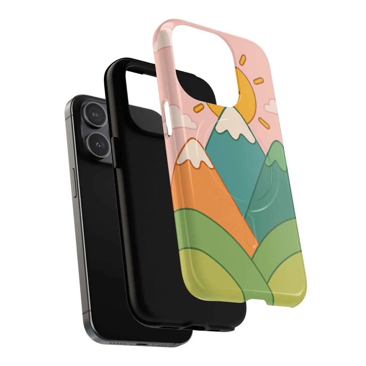 Mountain sunrise MagSafe case exploded phone, liner and shell assembly #iphone-14-pro-max