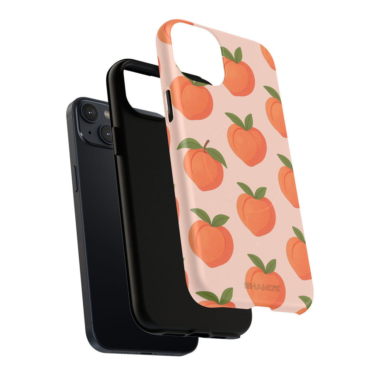 Exploded peach-pattern diagonal-dual camera case showing phone, black liner and printed shell #iphone-14-plus