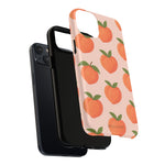 Exploded peach-pattern diagonal-dual camera case showing phone, black liner and printed shell #iphone-15-plus
