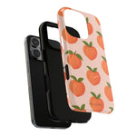Exploded peach-pattern Pro triple-camera case showing phone, black liner and printed shell #iphone-14-pro-max