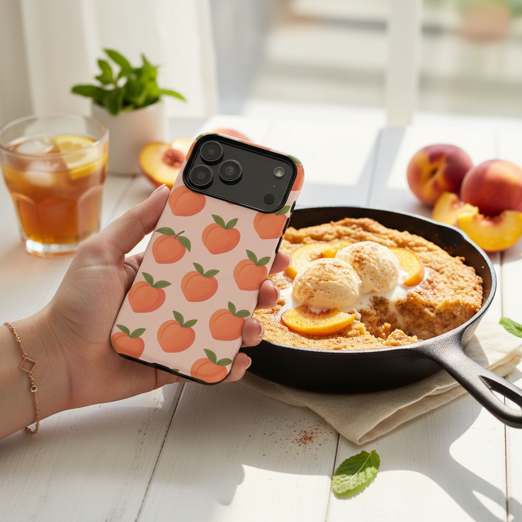 Peach-pattern wide-camera case held beside a peach dessert and drink #iphone-17-pro-max