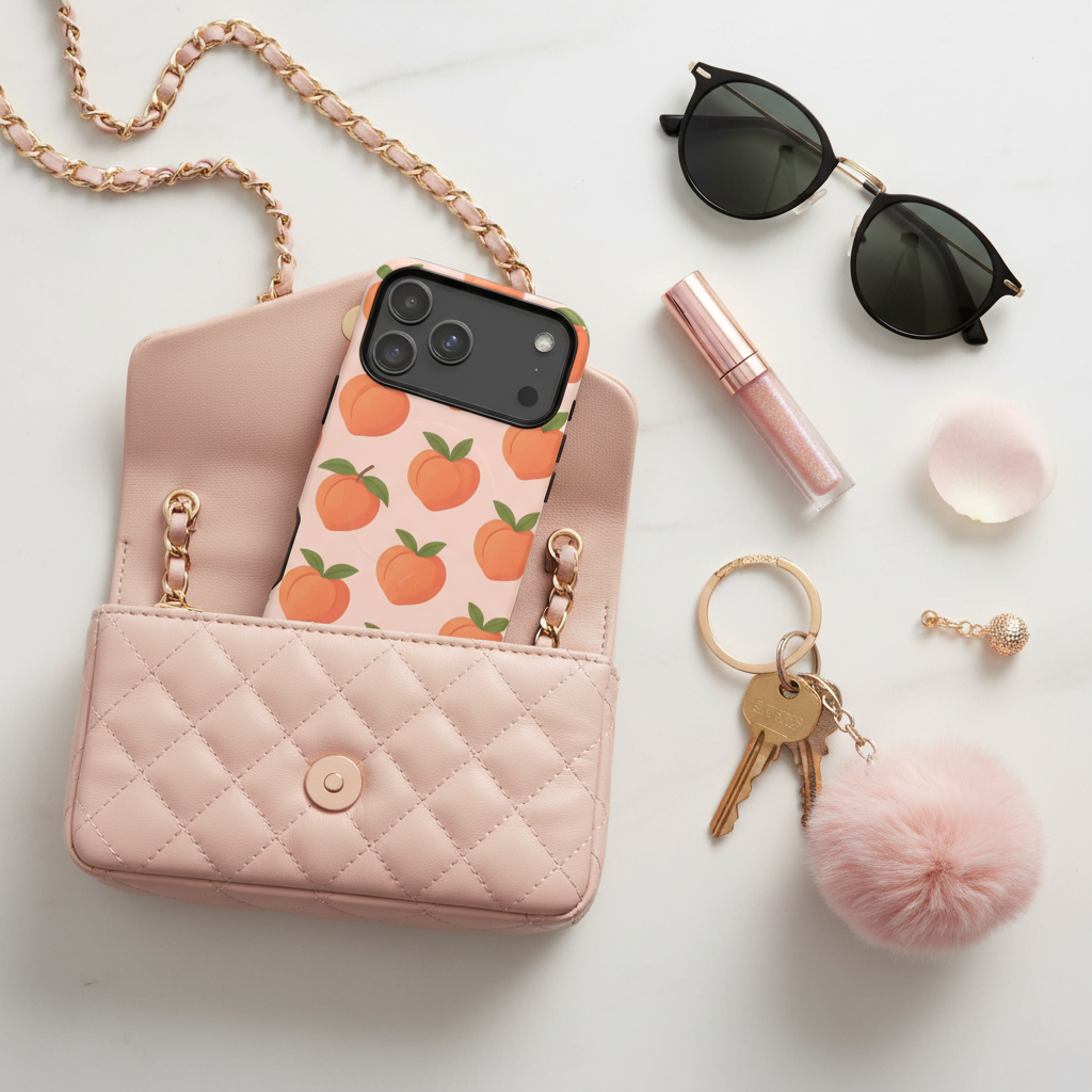 Peach-pattern wide-camera case in a pink quilted handbag beside sunglasses and keys #iphone-17-pro-max