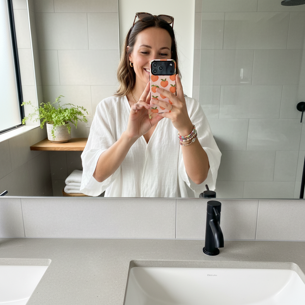 Woman holding a peach-pattern wide-camera case for a mirror selfie #iphone-17-pro-max