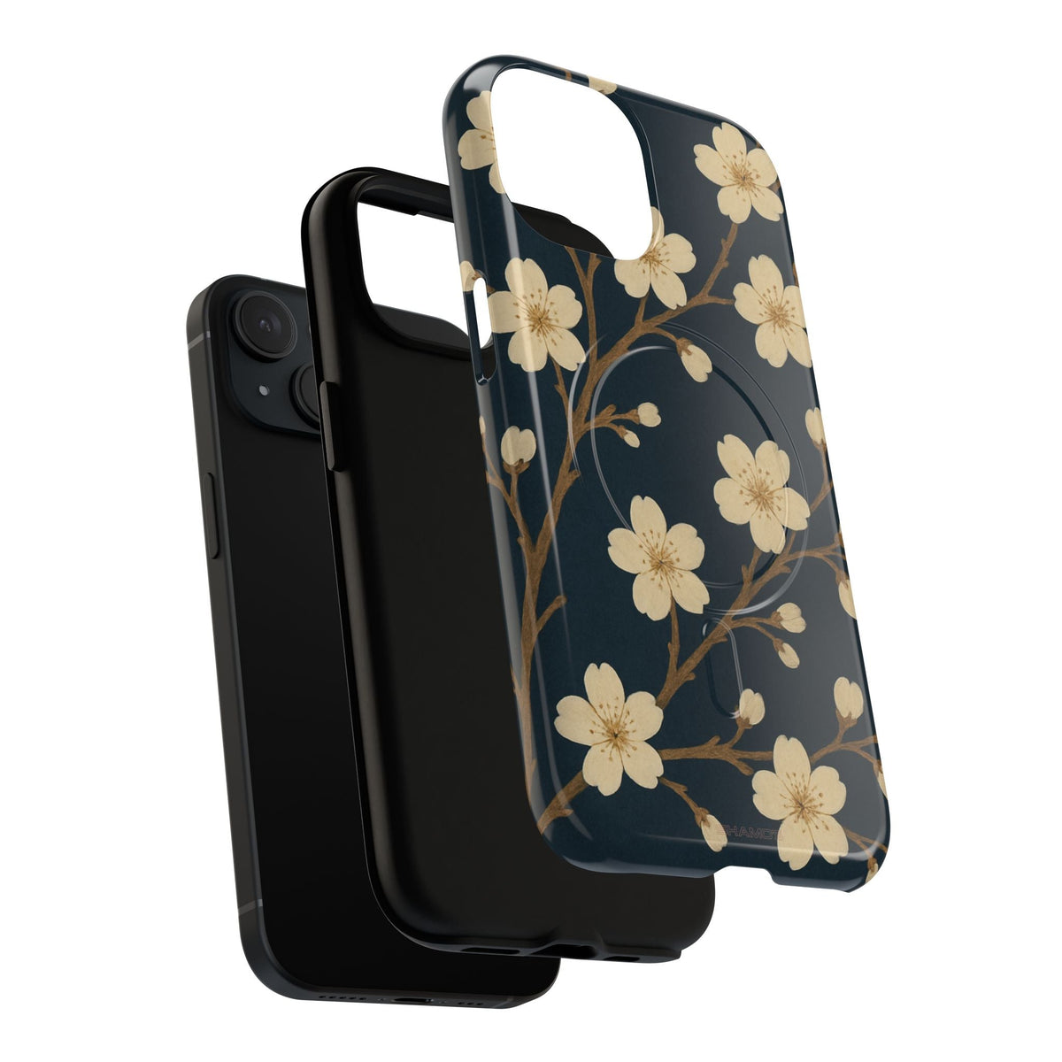 Exploded navy cherry-blossom case showing the phone, liner and shell with a diagonal dual-camera opening #iphone-14-plus