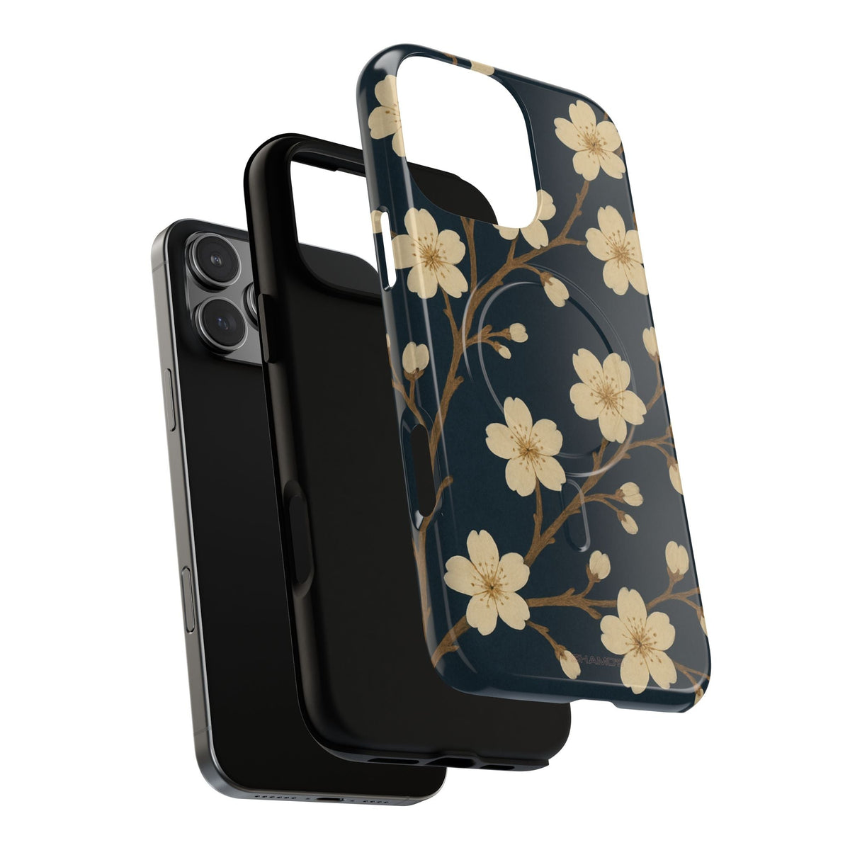 Exploded navy cherry-blossom case showing the phone, liner and shell with a square triple-camera opening #iphone-14-pro-max