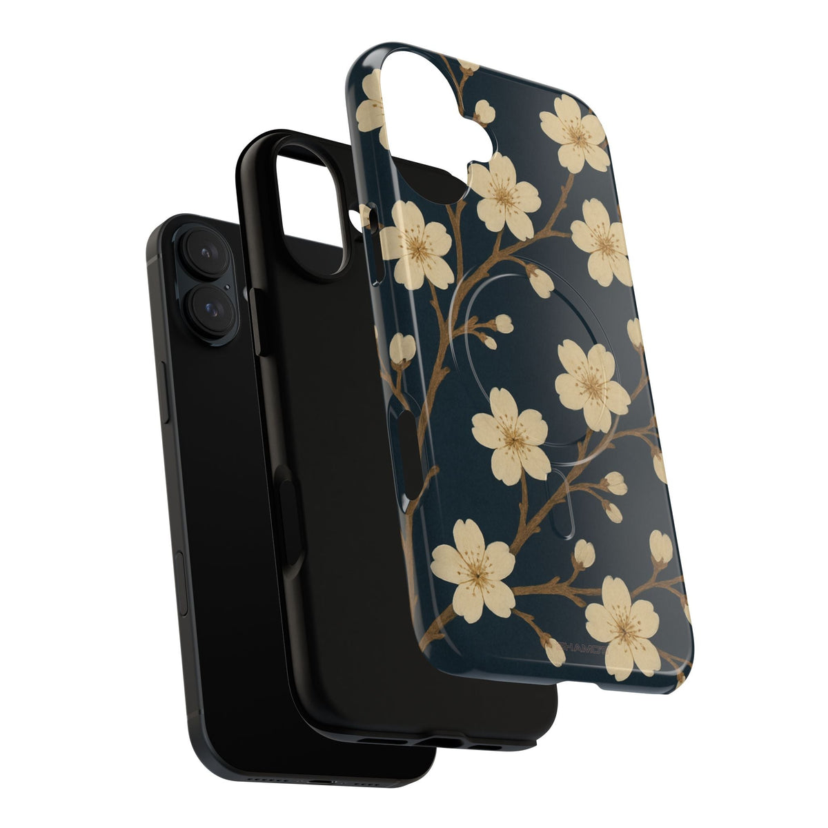 Exploded navy cherry-blossom case showing the phone, liner and shell with a vertical dual-camera opening #iphone-16-plus