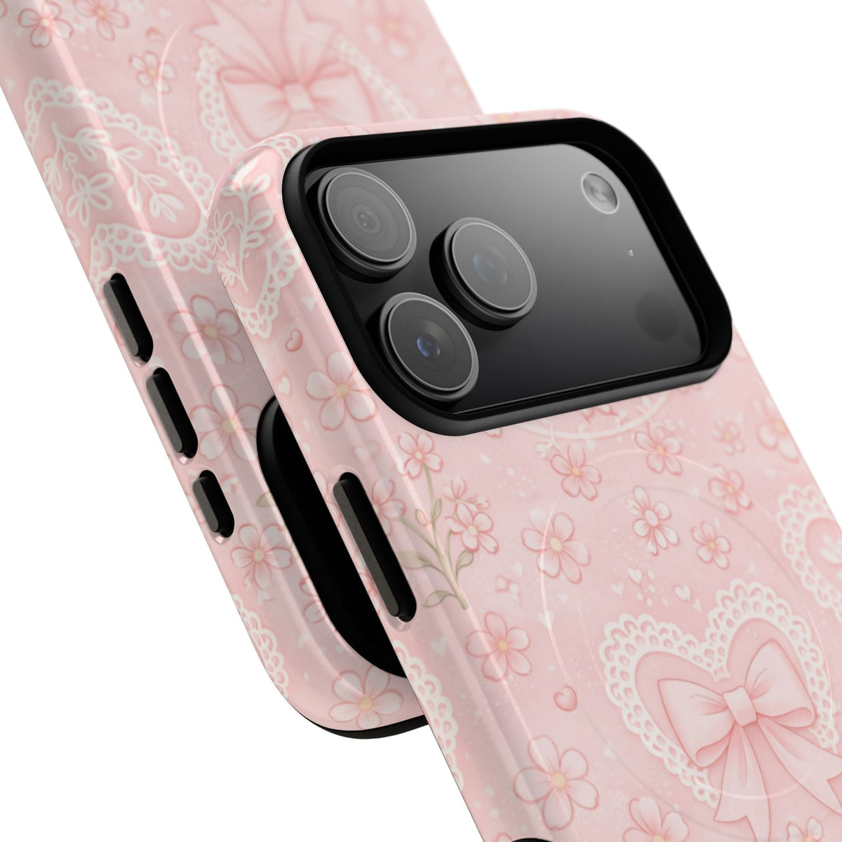 Balletcore Pink Floral Lace iPhone Case with Bow | Works with MagSafe - iPhone 17 Pro - close view #iphone-17-pro
