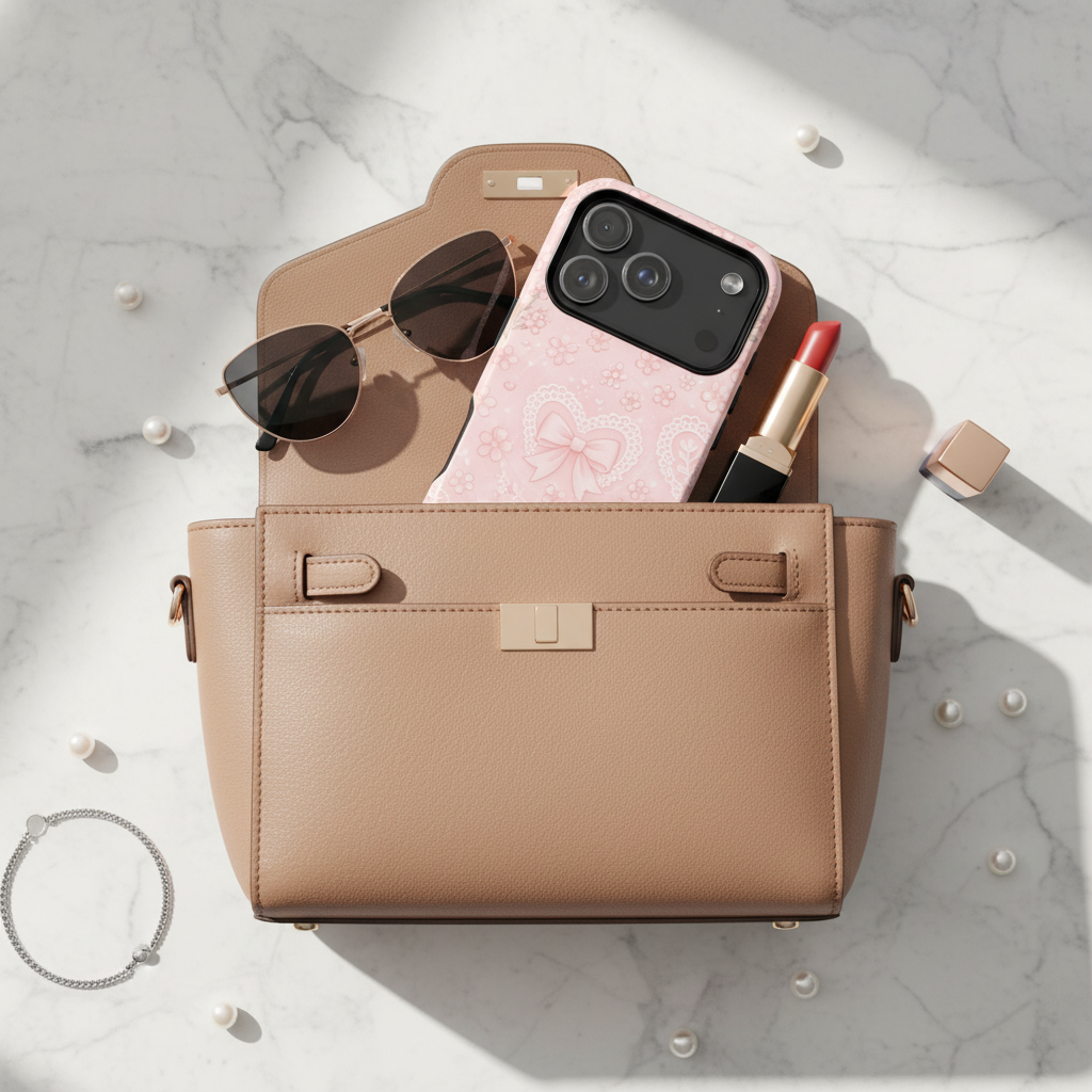 Balletcore Pink Floral Lace iPhone Case with Bow | Works with MagSafe - iPhone 18 Pro - lifestyle-purse view #iphone-18-pro