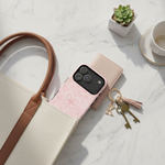 Balletcore Pink Floral Lace iPhone Case with Bow | Works with MagSafe - iPhone 17 Pro Max - lifestyle-keys view #iphone-17-pro-max