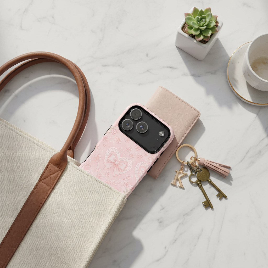 Balletcore Pink Floral Lace iPhone Case with Bow | Works with MagSafe - iPhone 18 Pro - lifestyle-keys view #iphone-18-pro