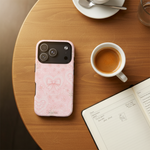 Balletcore Pink Floral Lace iPhone Case with Bow | Works with MagSafe - iPhone 17 Pro - lifestyle-coffee view #iphone-17-pro