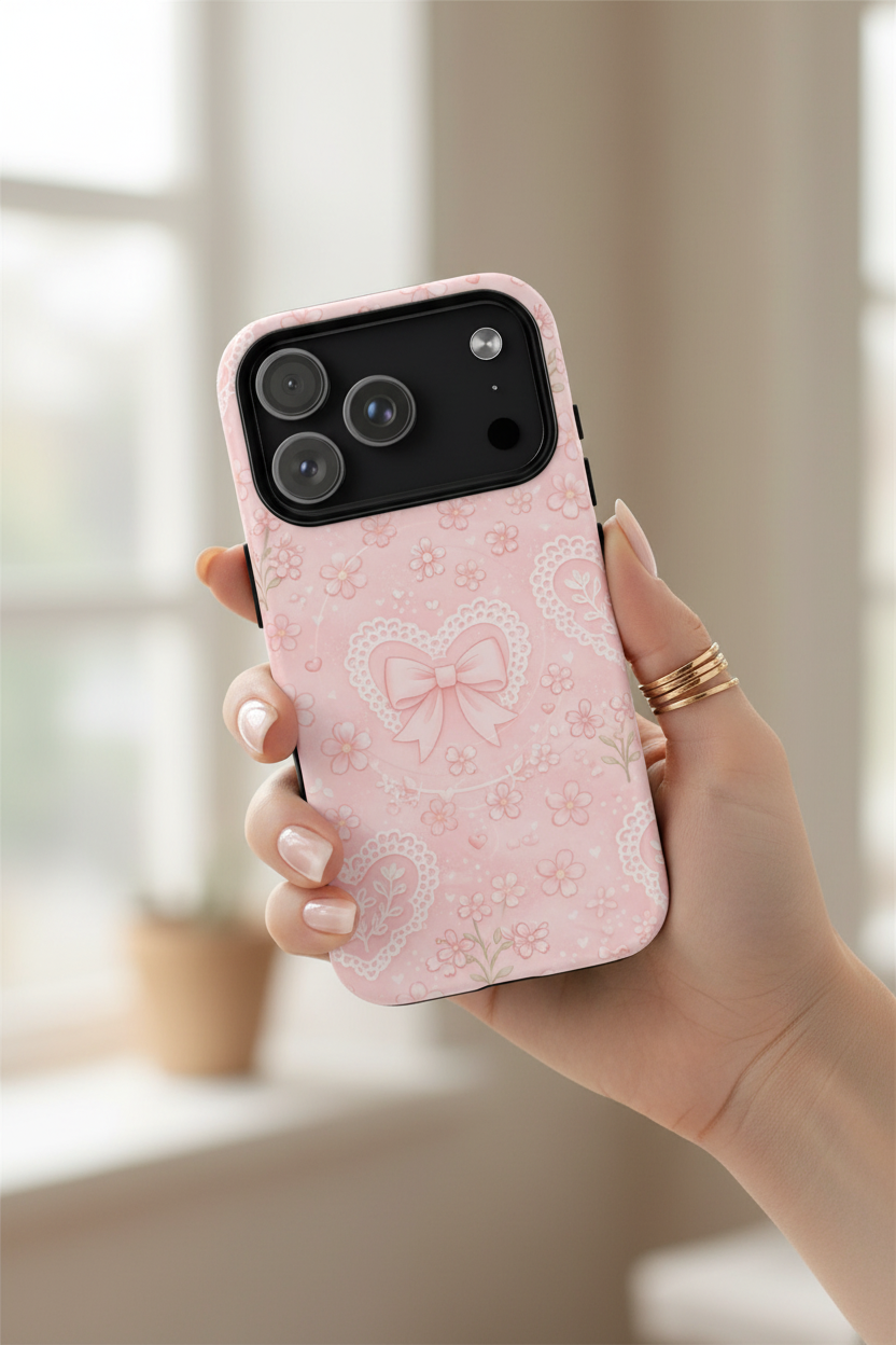 Balletcore Pink Floral Lace iPhone Case with Bow | Works with MagSafe - iPhone 17 Pro Max - lifestyle-window view #iphone-17-pro-max