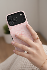 Balletcore Pink Floral Lace iPhone Case with Bow | Works with MagSafe - iPhone 17 Pro Max - lifestyle-hand view #iphone-17-pro-max
