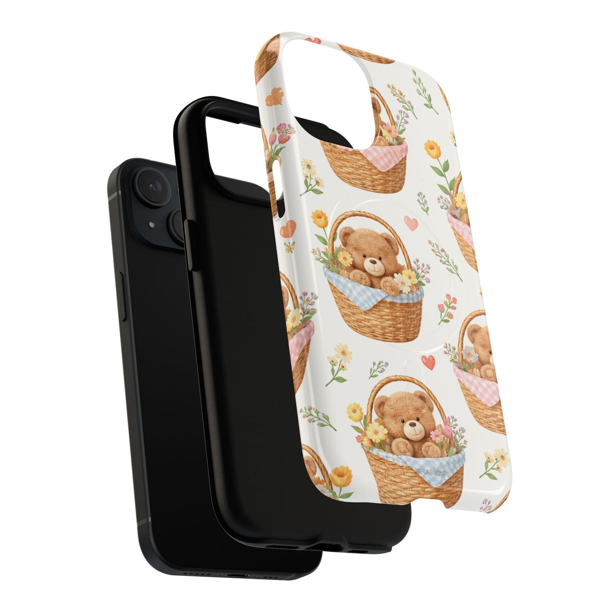 Exploded teddy berry basket case with phone, black liner and printed shell #iphone-15