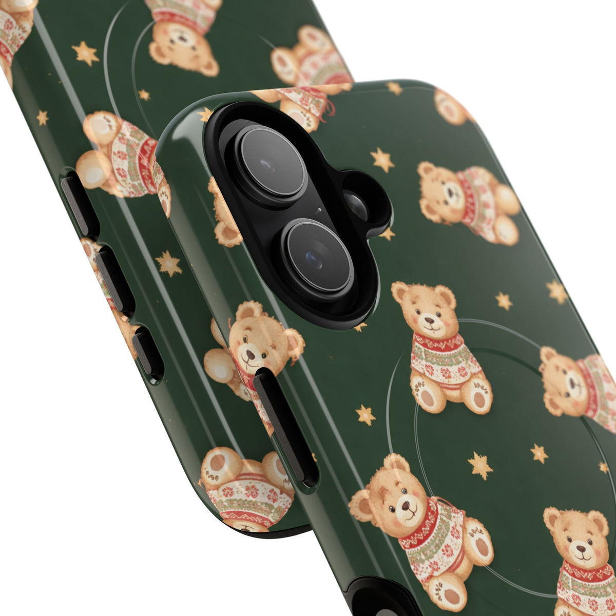 Close-up of overlapping holiday teddy cases #iphone-16