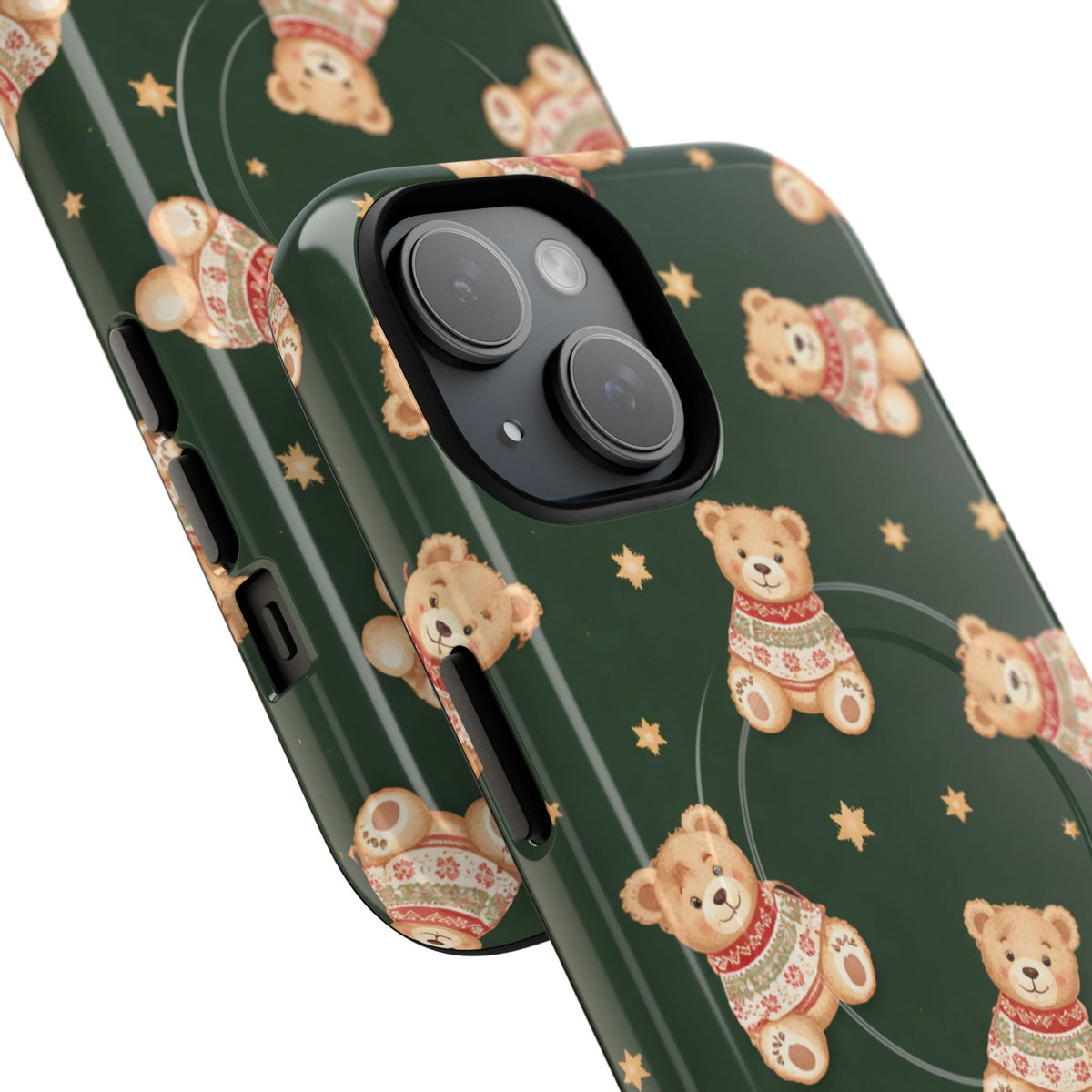 Close-up of overlapping holiday teddy cases #iphone-15