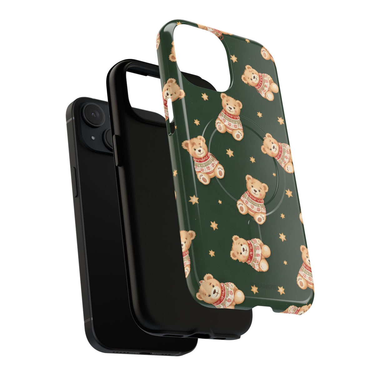 Exploded holiday teddy case with phone, black liner and printed shell #iphone-15-plus