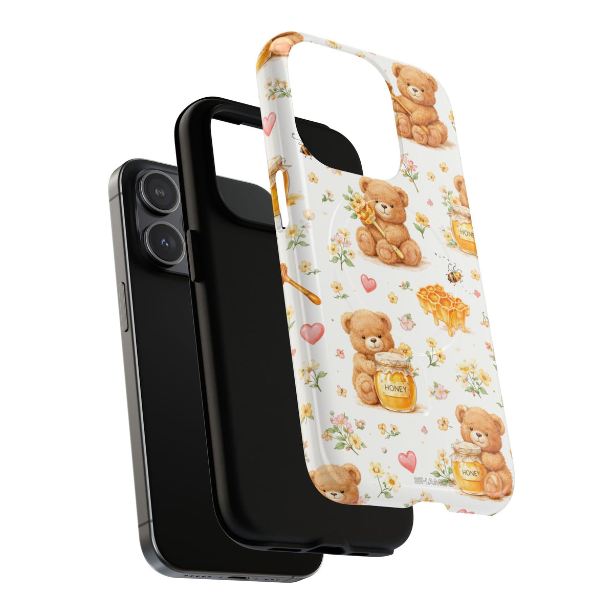 Exploded honey teddy case with phone, black liner and printed shell #iphone-14-pro