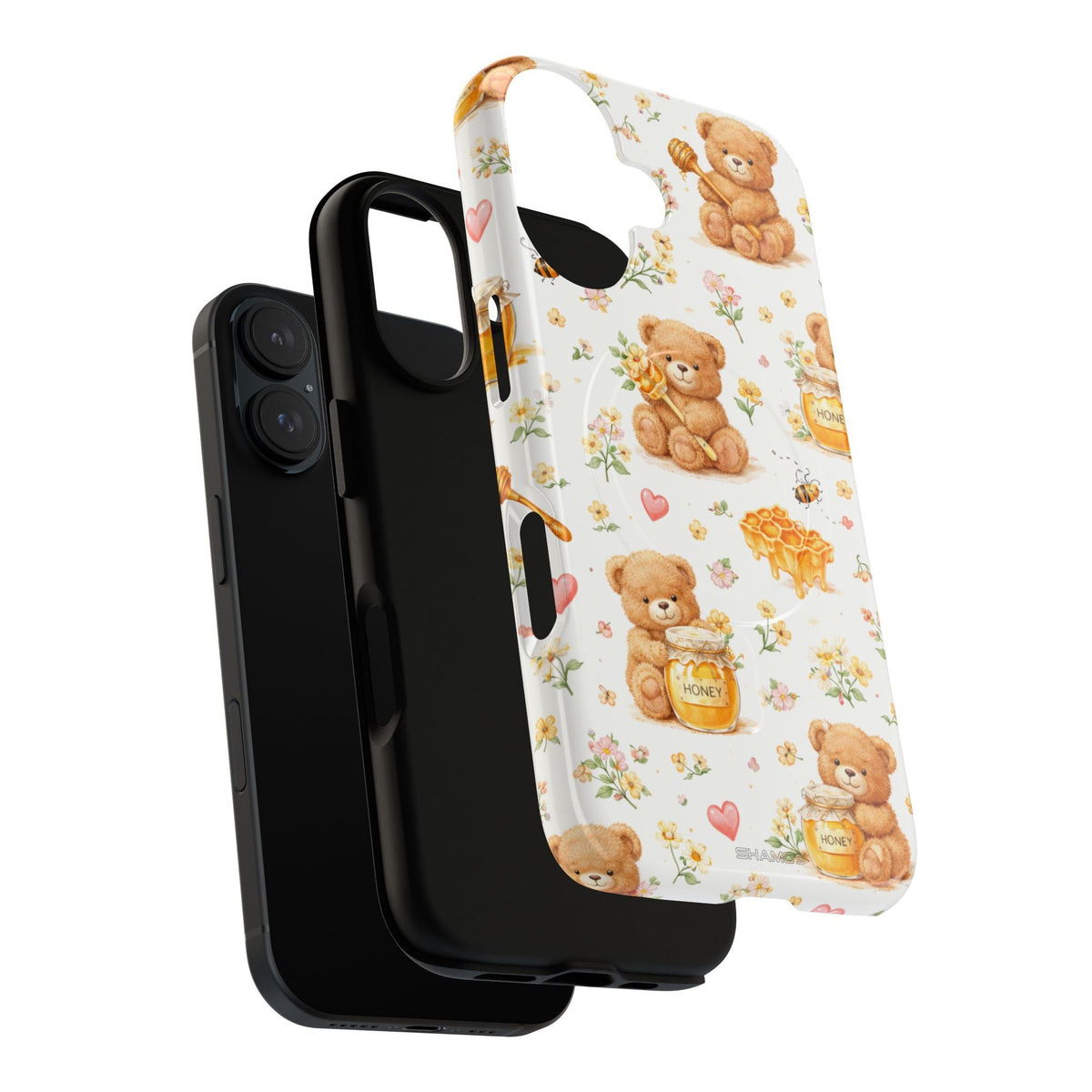 Exploded honey teddy case with phone, black liner and printed shell #iphone-16