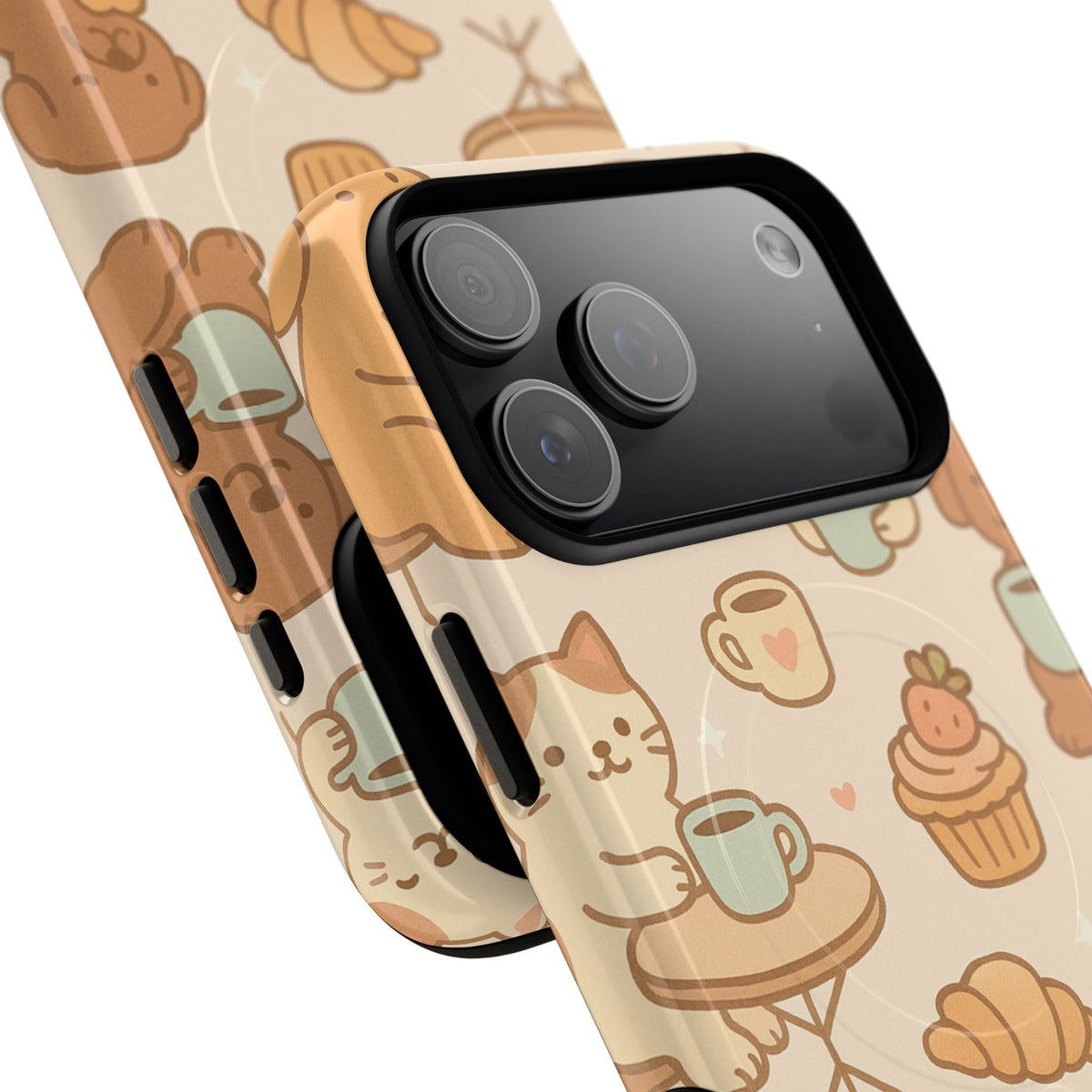 Close-up of overlapping coffee cats and dogs cases with a wide triple-camera opening and side-button details #iphone-17-pro-max