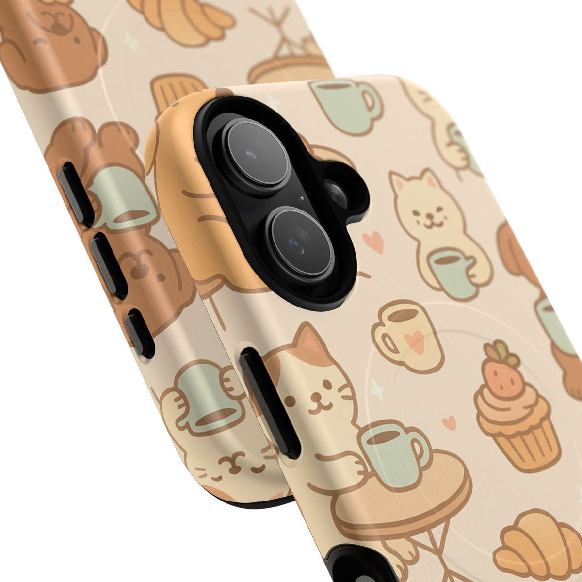 Close-up of overlapping coffee cats and dogs cases with a vertical dual-camera opening and side-button details #iphone-16-plus