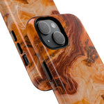 Close-up of overlapping amber agate marble cases with diagonal dual-camera opening and side controls #iphone-13