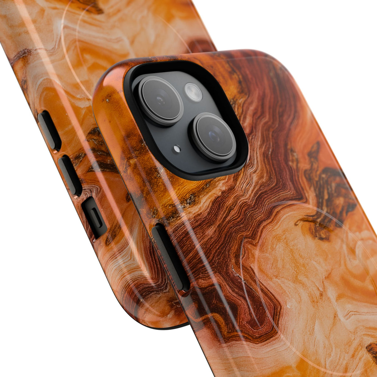 Close-up of overlapping amber agate marble cases with diagonal dual-camera opening and side controls #iphone-14