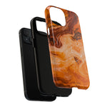 Exploded amber agate marble case showing the phone, liner and shell with a diagonal dual-camera opening #iphone-14