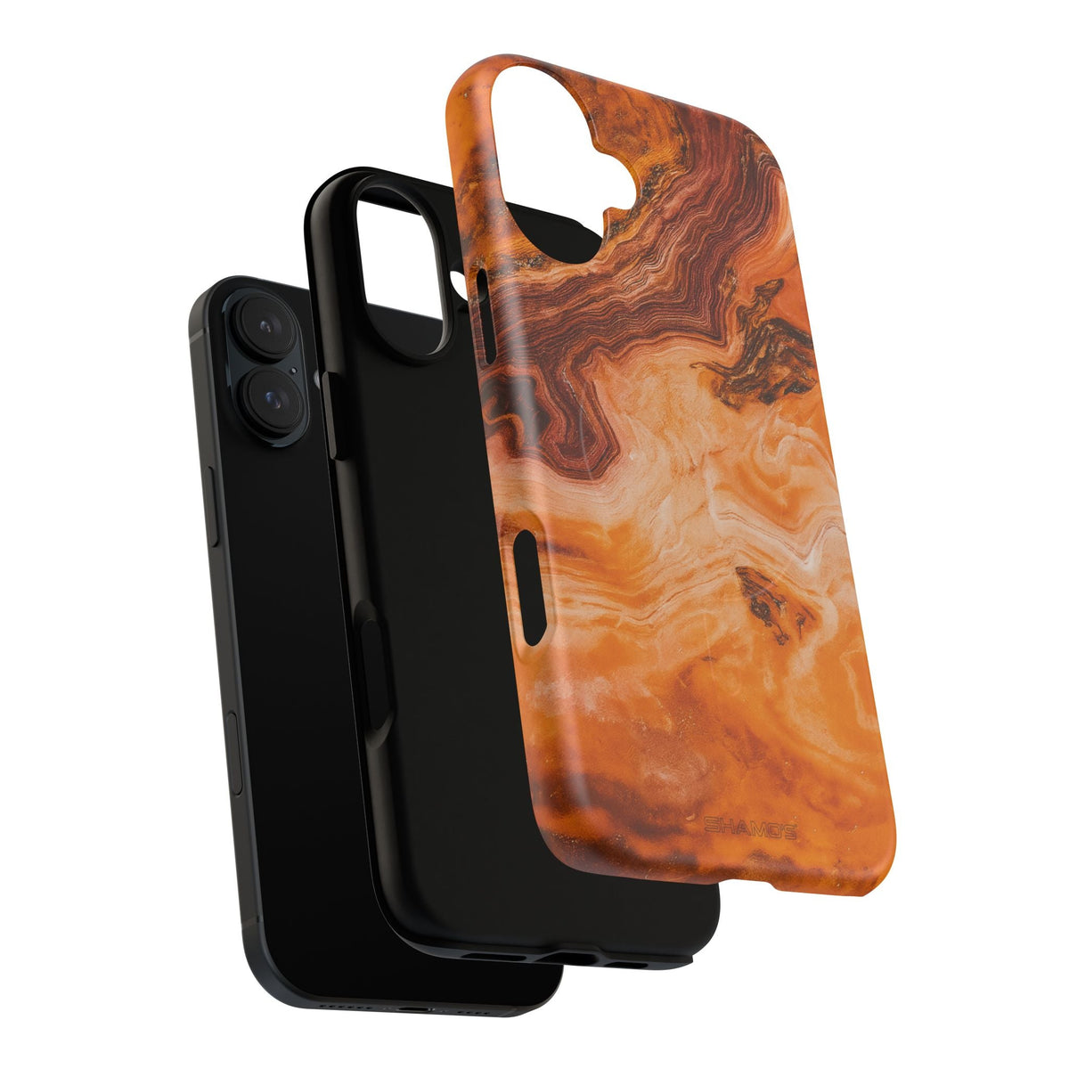 Exploded amber agate marble case showing the phone, liner and shell with a vertical dual-camera opening #iphone-16-plus