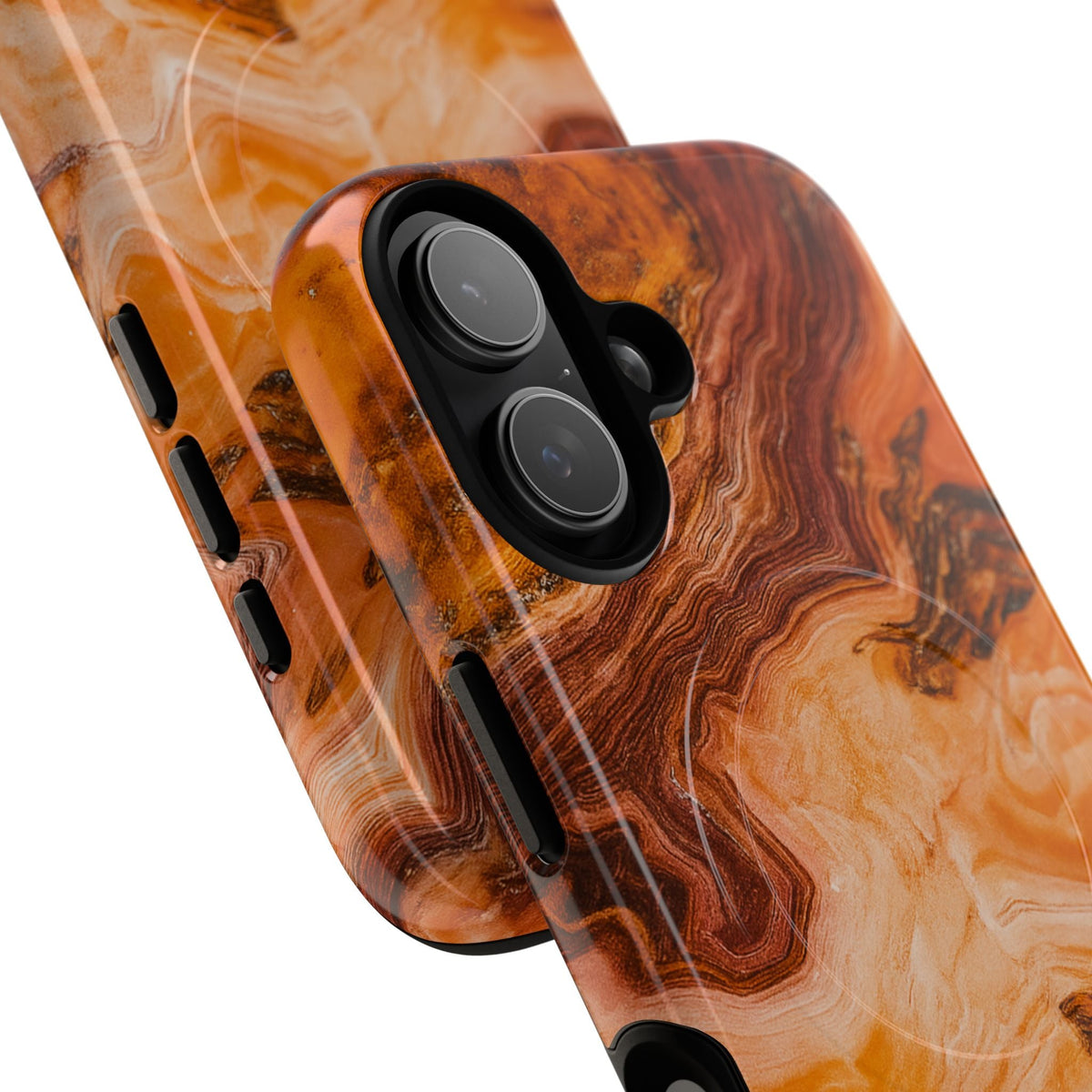 Close-up of overlapping amber agate marble cases with vertical dual-camera opening and side controls #iphone-16-plus