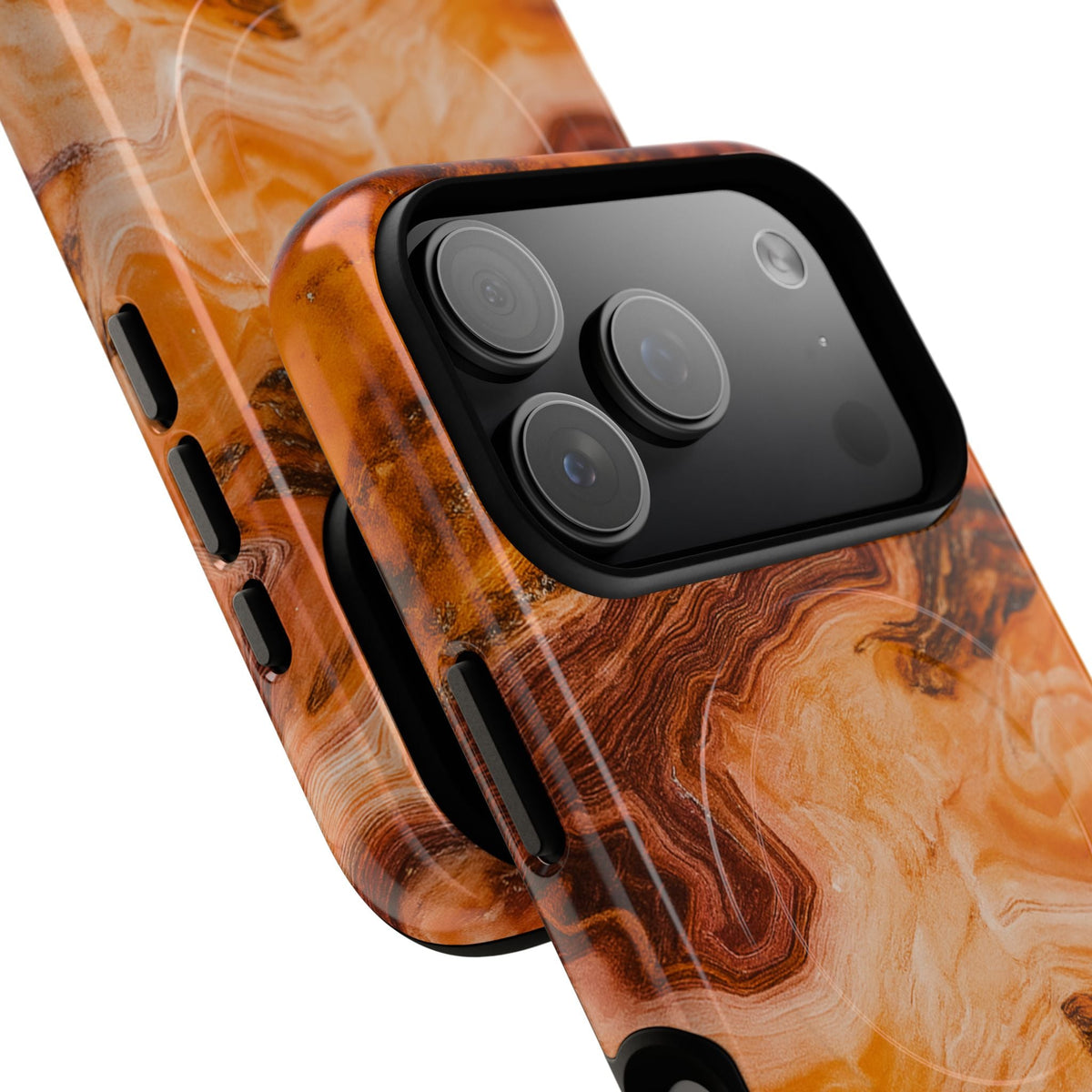 Close-up of overlapping amber agate marble cases with wide triple-camera opening and side controls #iphone-17-pro-max