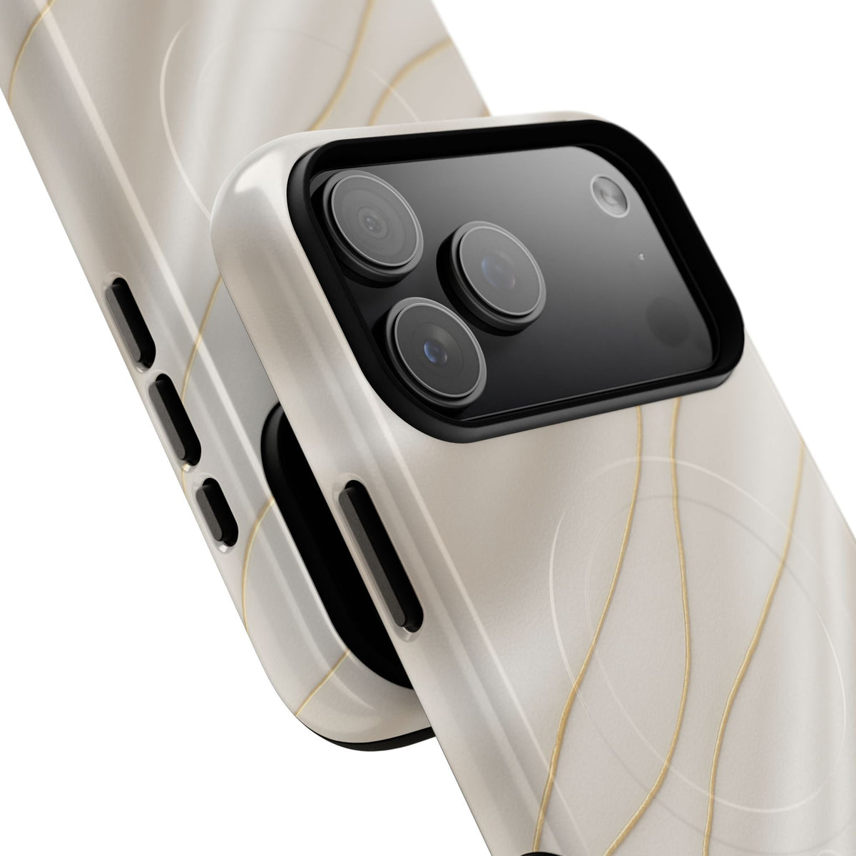 Close-up of overlapping white silk-and-gold cases with wide triple-camera housing #iphone-17-pro