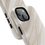 Close-up of overlapping white silk-and-gold cases with diagonal dual-camera opening #iphone-15-plus