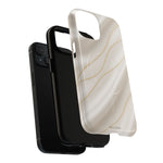 Exploded white silk-and-gold case showing diagonal-camera phone, liner and shell #iphone-14-plus