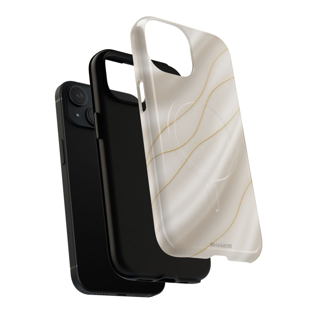 Exploded white silk-and-gold case showing diagonal-camera phone, liner and shell #iphone-14-plus
