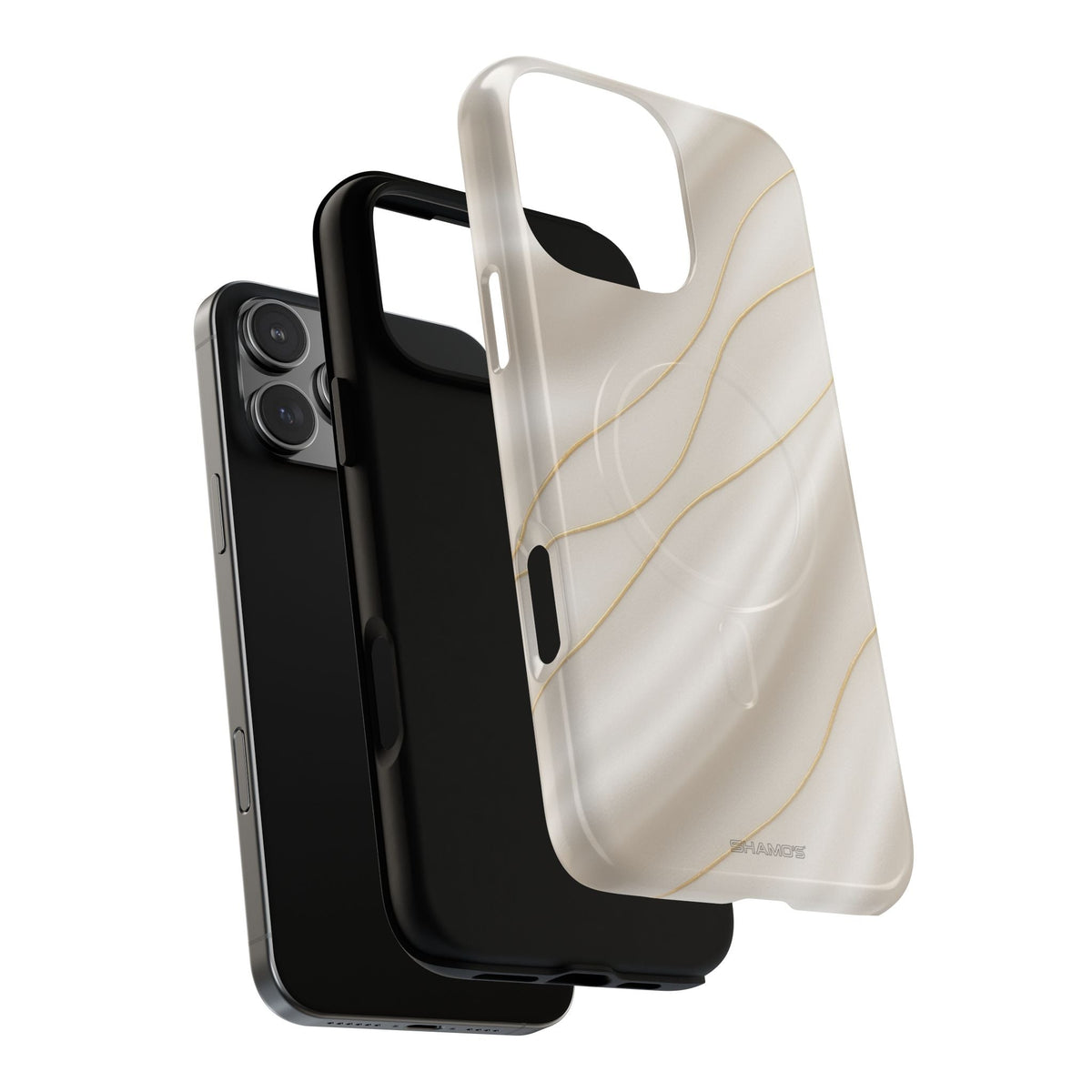 Exploded white silk-and-gold case showing square triple-camera phone, liner and shell #iphone-16-pro-max