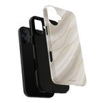 Exploded white silk-and-gold case showing vertical-camera phone, liner and shell #iphone-16-plus