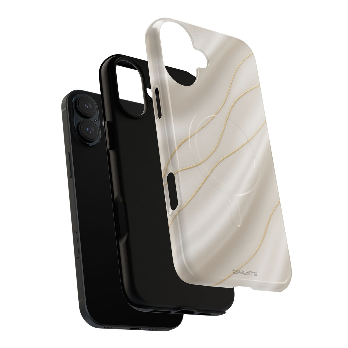 Exploded white silk-and-gold case showing vertical-camera phone, liner and shell #iphone-16