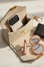 White silk-and-gold wide-camera case in a beige handbag beside makeup #iphone-17-pro-max