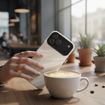 White silk-and-gold wide-camera case held beside a coffee cup #iphone-17-pro-max