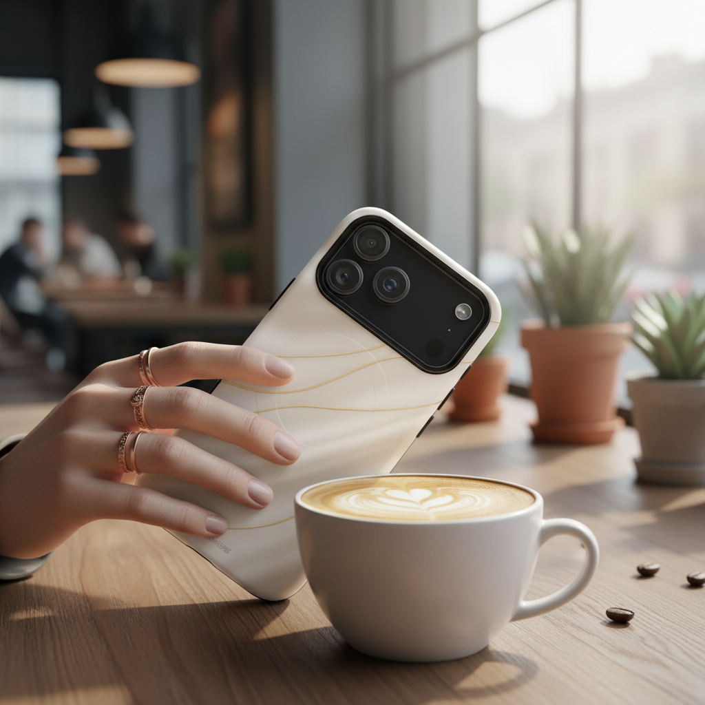 White silk-and-gold wide-camera case held beside a coffee cup #iphone-18-pro
