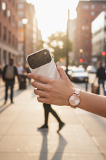 White silk-and-gold wide-camera case held on a sunlit city street #iphone-17-pro-max