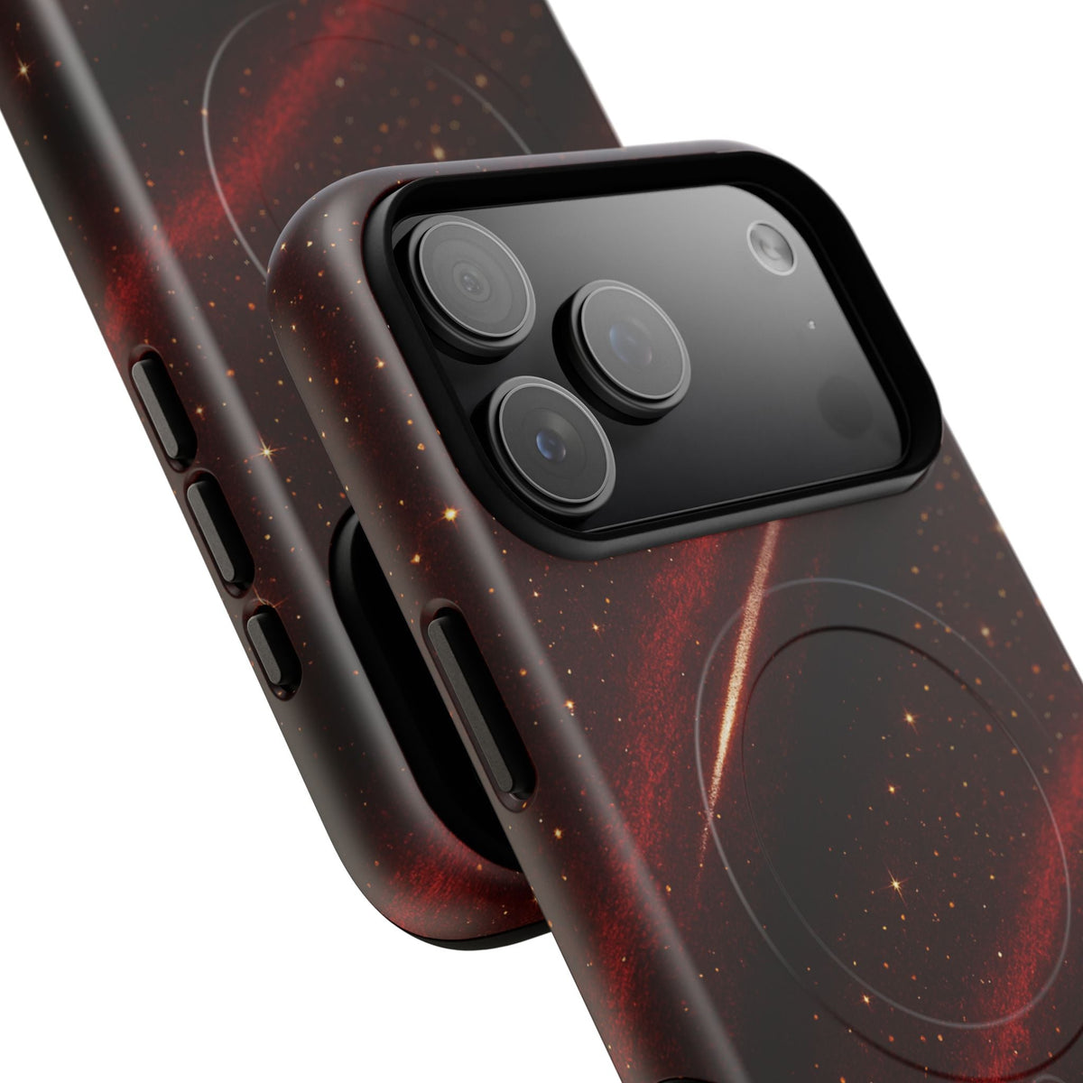 Close-up of the red nebula-pattern phone case around the camera opening #iphone-18-pro
