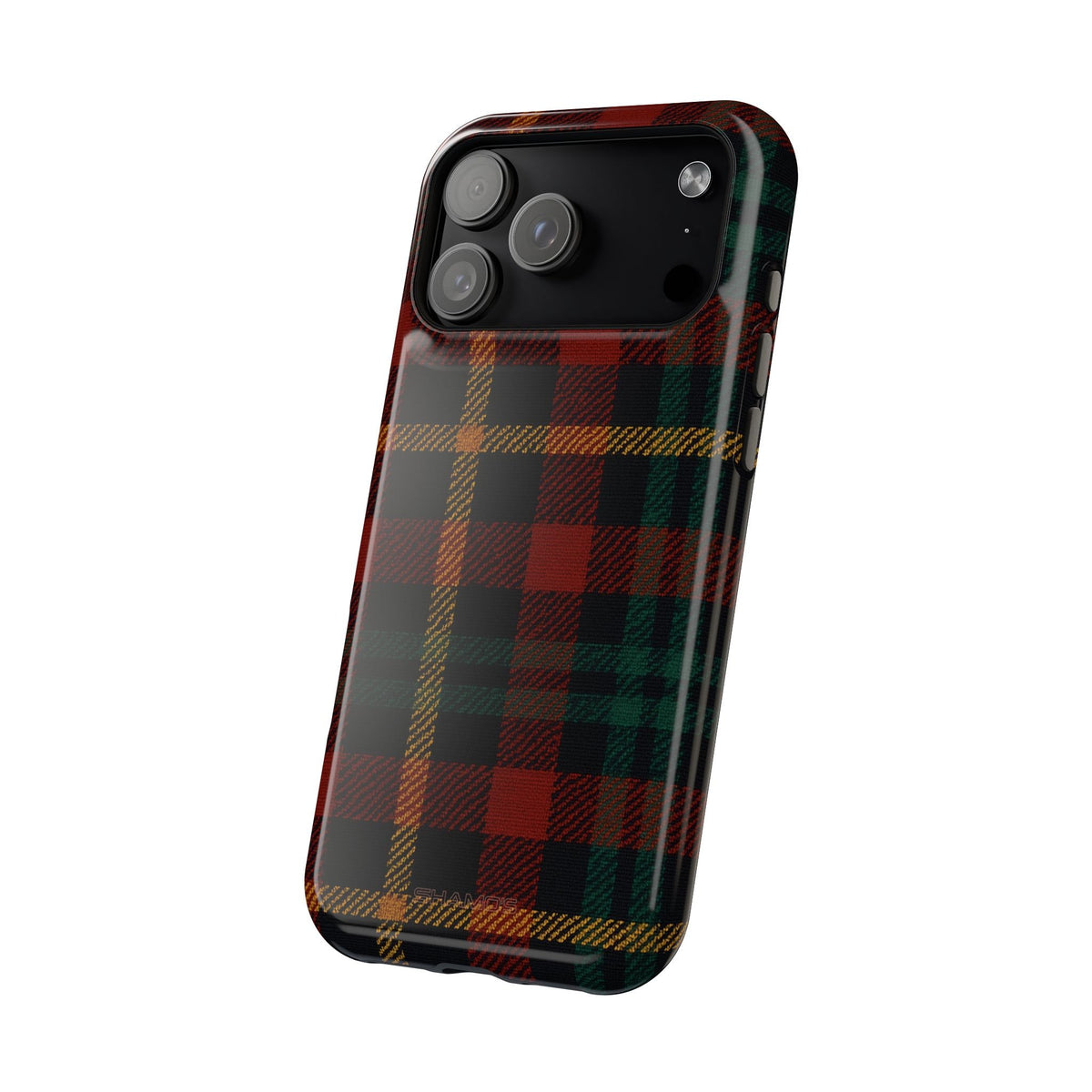 Angled rear and side view of the red and green tartan impact-resistant case with a wide triple-camera opening #iphone-18-pro