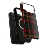 Exploded view of the red and green tartan impact-resistant case showing the wide-camera outer shell, magnetic ring liner and phone #iphone-17-pro-max