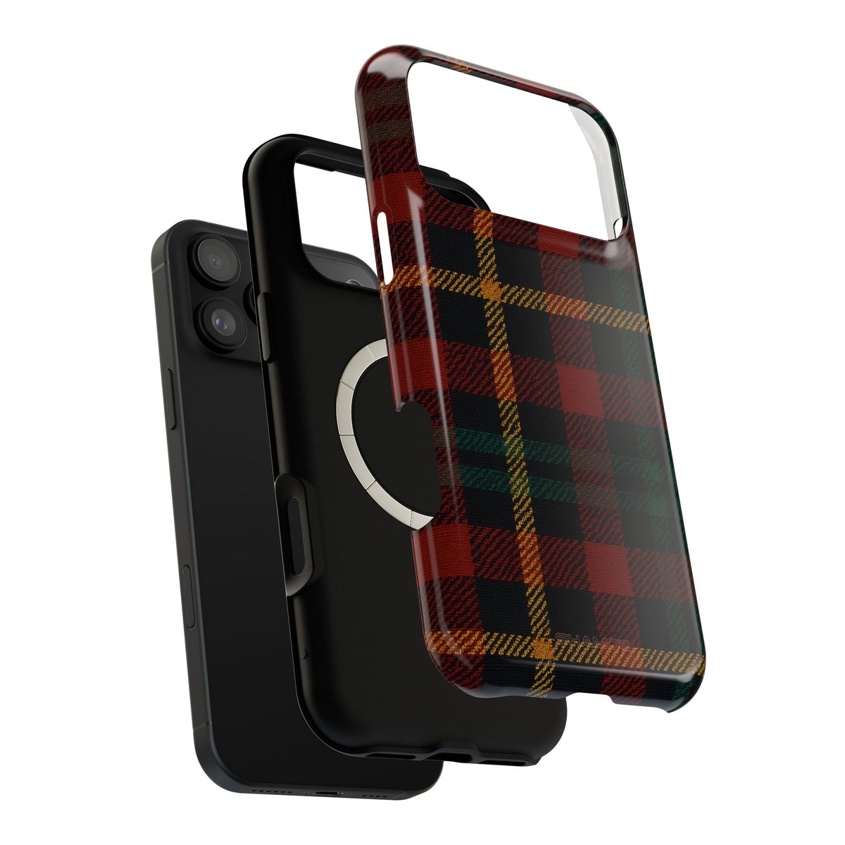 Exploded view of the red and green tartan impact-resistant case showing the wide-camera outer shell, magnetic ring liner and phone #iphone-17-pro