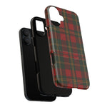 Exploded view of the red and green tartan case showing the outer shell, black liner and a phone with vertically stacked rear cameras #iphone-16