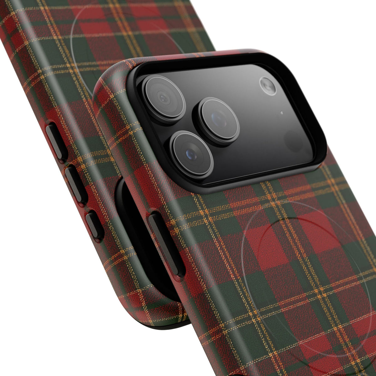 Close-up of overlapping red and green tartan cases with a wide triple-camera opening and side-button details #iphone-18-pro