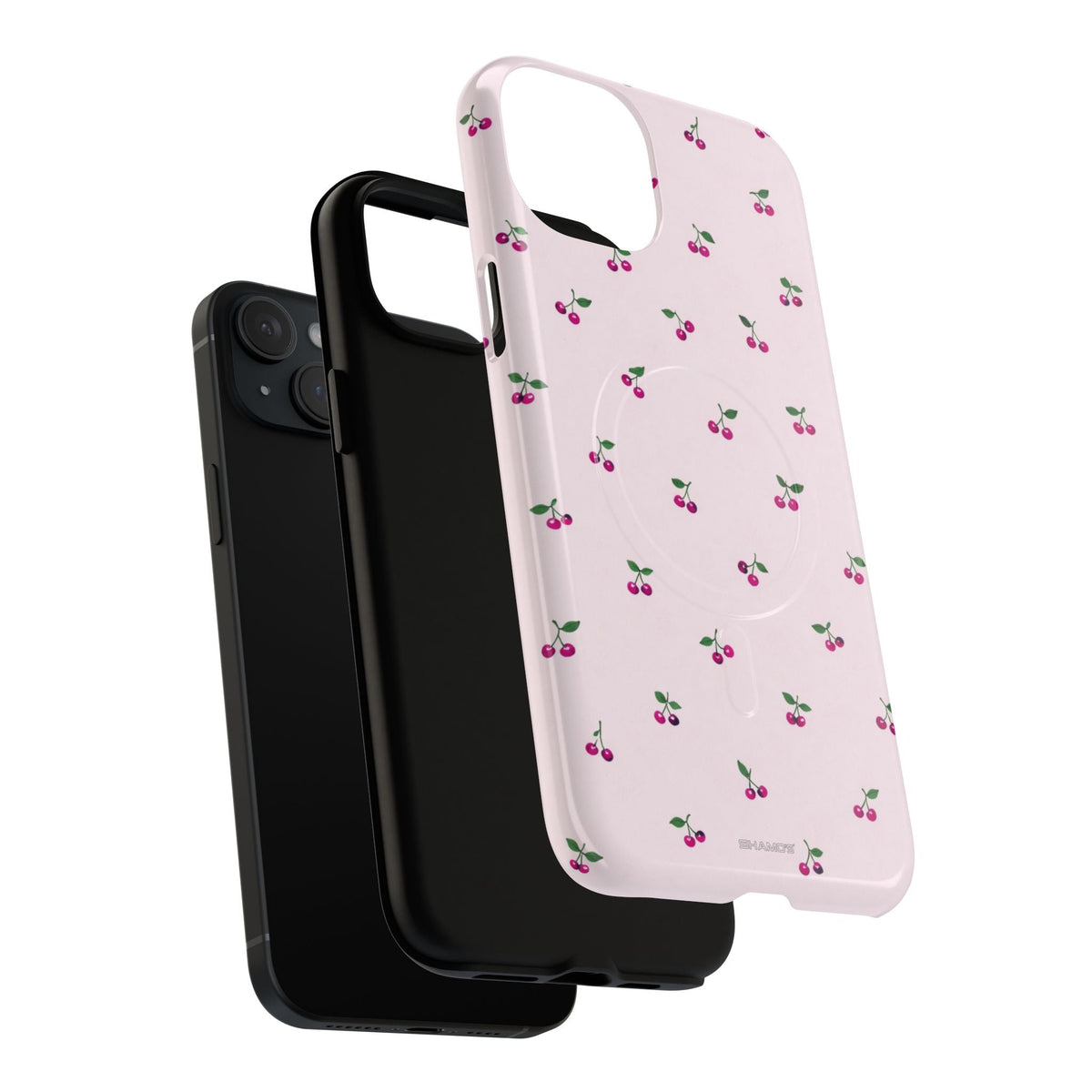 Exploded cherry-pattern case showing a diagonal dual-camera phone, liner and shell #iphone-15